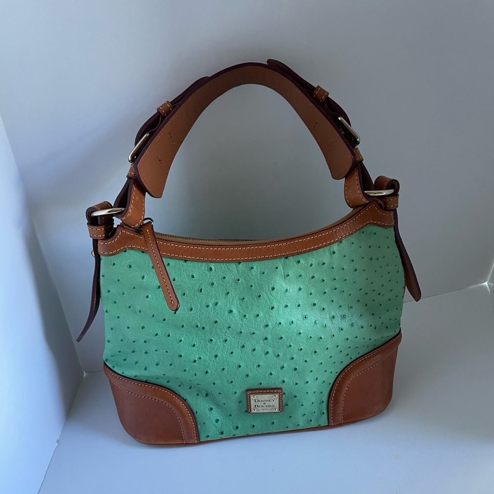 Dooney & Bourke Vintage Ostrich Embossed Green  Leather Hobo w/Tan Trim
